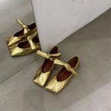 KYLETHOMASW  -  Square Toe Lace-up Shiny Mary Jane Flats Stylish French Flat Silver New Spring and Autumn Shallow One-strap Women Shoes