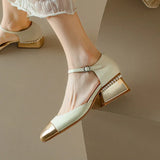 KYLETHOMASW  -  Women Sheepskin Leather Pumps Pearls Chunky Heels Shoes Brand Designer Two Tone Buckle Pumps Wedding Party Dressy Shoes