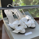 KYLETHOMASW  -  White Flower Sandals Round Toe Black Bow Detail Hollow Slingback Buckle Stiletto Heels Summer Party Dress Casual Shoes