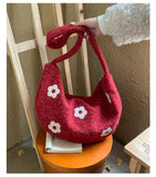 KYLETHOMASW  -  Korean Fluffy Sweet Floral Underarm Bag Y2k Lamb Wool Shopping Handbags Women New All Match Streetwear Travel Shoulder Bags