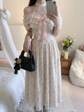KYLETHOMASW  -  Japanese Kawaii Sweet Halter Neck Off Shoulder Floral Print Chiffon Lace Ruffle Bow Maxi Dress For Women Girls Daily Party Wear