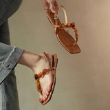 KYLETHOMASW  -  Women Beaded Clip Toe Flat Sandals Square Open Toe Ankle Buckle Strap Flip Flops Summer Beach Casual Dress Shoes
