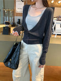 KYLETHOMASW  -  Korean Solid V Neck Long Sleeve Single Breasted Slim Short Knitted All Match Cardigan