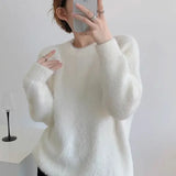 KYLETHOMASW  -  Autumn and Winter New Fashion Furry Blue Mink Fur Sweater for Women Round Neck Simple Loose Casual Knitted Pullovers Women Tops