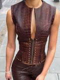 KYLETHOMASW  -  Women's Chic Brown Crocodile Embossed Corset Top Sleeveless Keyhole Zip Studded Faux Leather Vest Streetwear Party Outfits