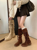 KYLETHOMASW  -  Brown Suede Boots Woman Round Toe Fall Winter Gothic Shoes Fashion Chunky Heels Knee High Boots Western Style Ladies Shoes