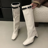 KYLETHOMASW  -  White Square Toe Belt Buckle Shaped Heel Knight Boots Woman Winter 2025 Black Slip-On Thick Heel Knee-High Boots Shoes for Women