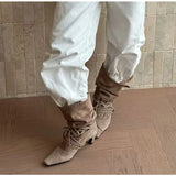 KYLETHOMASW  -  Autumn Winter Faux Suede Weave Lace-up Women Motorcycle Boots Fashion High heels Chelsea Western Mid-Calf Short Booties Shoes