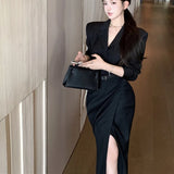 KYLTHOMASW  -   Autumn Retro Sexy Long Sleeve Suit Jacket Shirt+High Waist Slim Slit Hip Wrap Long Skirt Set Black Two Piece Sets Women Outfits