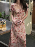 Kylethomasw French Vintage Floral Printed Midi Dresses for Women Summer Puff Sleeve Square Collar Slim Party Dress Casual One Piece Vestido