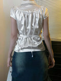 KYLETHOMASW  -  Polka dot short sleeved breasted shirt design with a cinched waist and tie, light and mature satin short commuter top
