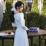 KYLETHOMASW  -  Autumn Long Sleeve Square Collar Sweet and Gentle White Dress for Women Korean Cute Slim Fit Temperament Elegant Long Dress