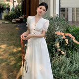 KYLETHOMASW  -  Summer French Style Dress for Women V Neck Short Sleeve Lace Trim Slim Fit Waist A Line Long Dress Elegant Flattering Design