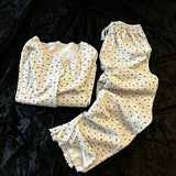 KYLETHOMASW  -  Pajama Set Autumn Korean Style Heart Bow Print Long Sleeve Cute Loungewear Ruffle Trim Button Up Home Sleepwear Korean Style