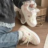 KYLETHOMASW  -  Cute Women Pink‑White Platform Sneakers Bear Embroidery Lace‑Up Round Toe Thick‑Sole Sweet Style Casual Daily Board Shoes