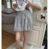 Kylethomasw   - Korean Contrast Color Plaid Sweet Bud Skirt Women 2024 Summer New High Waist Loose Casual Pleated Mini Skirt