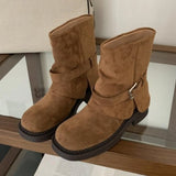 KYLETHOMASW  -  Fashion Metal Buckle Decoration Design Ankle Boots Women High Quality Retro Faux Suede Boots Comfortable Non-Slip Platform Boots