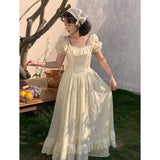 KYLETHOMASW  -  Lace Ruffles Long Dresses Solid Square Neck Spring Summer Princess Dress Women A-line Vintage Sweet Vestidos Mujer