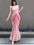 KYLETHOMASW  -  French Coquette Sexy Summer Pink Lace Mesh Mermaid Maxi Dress Women Ruffle Spaghetti Strap Bow Corset Waist Party Wear Clubwear