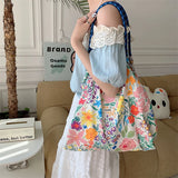 KIylethomasw Korean Style Summer Large Capacity Hand Shoulder Bag Drawstring Shopping Bag Floral Tote Bag Underarm Bag