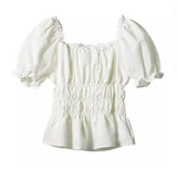KYLETHOMASW  -  French Style Retro White Short Puff Sleeve Shirt Women Ruched Elastic Slim Waist Summer Crop Tops