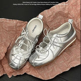 KYLETHOMASW  -  Women Silver Single Shoes Casual Sports Ballet Shoes Genuine Leather Design Sweet Sister Mary Jane  Ballet Training Shoes