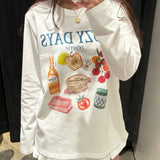 KYLETHOMASW  -  Chic Design Kawaii Food Print Cotton Long Sleeve Top Oversized Casual Graphic T-Shirt for Women Sweet Girls Loose Spring Fashion