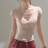 KYLETHOMASW  -  Sweet Shirts Women V Neck Lace Patchwork Bandage Slim Summer Fashion New Crop Tops Female Y2k Harajuku Casual Blouse