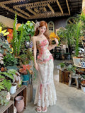 KYLETHOMASW  -  Summer Women Two Piece Set Floral Corset Top and Lace Midi Skirt Elegant Mesh Outfit Slim Fit Vintage French Style Beach Suit