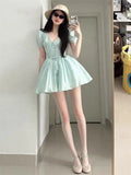 KYLETHOMASW  -  Women Clothing Dress Summer New French Elegant Style High-end Designed Niche Temperature Mint Green V-neck Puff Sleeve Dress