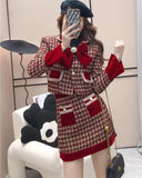 KYLETHOMASW  - Autumn Elegant Tweed Plaid Skirt Sets Women Sweet Chic Pearl Bow Woolen Jackets Mini Skirts Suit Korean Female Outfits