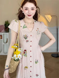 KYLETHOMASW  -  French Single Breasted Pink Long Dresses Women V Neck Short Sleeve A Line Dress Summer Chic Floral Print Vestidos 389A
