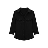 Kylethomasw Vintage Navy Blue Three Quarter Shirt for Women Tops Button Up Slim White Blouse Female Autumn Fashion Black Clothes