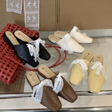 KYLETHOMASW  -  Slippers Casual Flat Shoes Female Lace Beige Heeled Sandals Slides Cover Toe Slipers Women Mules Sexy Butterfly-Knot Luxury Blac