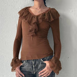 KYLETHOMASW  -  Socialite temperament retro brown V-neck lace ruffle slim fit long sleeved autumn slimming top with flared sleeves inside