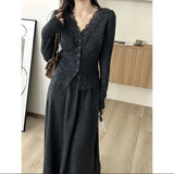 KYLETHOMASW  -  Korean Lace Long Sleeved Knitted Cardigan Autumn And Winter Patchwork French Style Top, Half Skirt High-end Set Two-Piece Set
