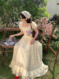 KYLETHOMASW  -  Lace Ruffles Long Dresses Solid Square Neck Spring Summer Princess Dress Women A-line Vintage Sweet Vestidos Mujer