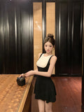 KYLETHOMASW  -  Elegant Black and White Spliced Knitted Dress Women's Summer Sleeveless O-neck Slim Fit A-line Short Dress