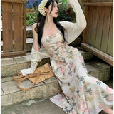 KYLETHOMASW  -  Summer 2PCS Sexy Spaghetti Strap Dress for Women Korean A-line Print Long Dress Slim Fit Temperament Elegant Vacation Dress
