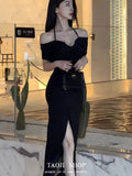 KYLETHOMASW  -  Light Luxury Fashion Black Neck Halter Dress for Women 2025 Summer New French Slim Fit Slit Long Skirt Showing Off Their Figure