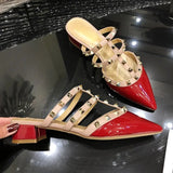 Kylethomasw Rivet Pointed Toe Mule Slippers Women Low Heel Fashion Brand Design Sandals Female Size 35-43 Red Sexy Studded Sandals Women