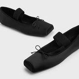 KYLETHOMASW  -  sweet pink silk flat shoes woman square toe bowtie ballet flats silver leather mary janes shoes elastic band moccasions women