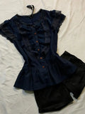 KYLETHOMASW  -  Harajuku Vintage Lace Ruffle Flying Sleeve Button Navy Blue Blouse Women Spicy Girls Summer Slim O-neck Y2k Aesthetic T-shirts