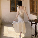 KYLETHOMASW  -  Summer French Style Lace Dress for Women Cap Sleeve Slim Fit Mermaid Long Dress Elegant Waist Cinching Delicate and Feminine New