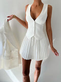 KYLETHOMASW  -  Women Sexy Outfit Sleeveless Vest Top Suit Party Club Blazer Vest Tops Mini Elegant Pleated Skirt Summer Two Piece Set 2025