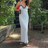 KYLETHOMASW  -  French Style Polka Dot Print Long Dress Coquette Aesthetic Contrast Color Lace Patchwork Sleeveless Sundress Holiday