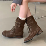 KYLETHOMASW  -  Fashion Design Narrow Band Lace-up Women Knee-High Boots Vintage Spring Autumn Round Toe Square Low Heels Shoes
