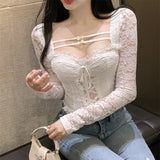 Kylethomasw   Spring for Women Crop Tops Korean Style Retro Lace Shirt Long-sleeved Lace Up White Tee Shirt