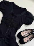KYLETHOMASW  -  Gothic Vintage Black Lace 2-piece Set Women Lolita Lace Puff Sleeve Y2K Tops Female + High-waist Ruffle Short Kawaii Mini Skirt