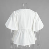 KYLETHOMASW  -  Pure Cotton Lace Up Round Neck Loose Short Sleeved Summer New Item Bubble Sleeve Pleated Cardigan Top for Women